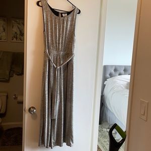 Silver jumpsuit from Anthropologie, perfect for the holidays/New Years!